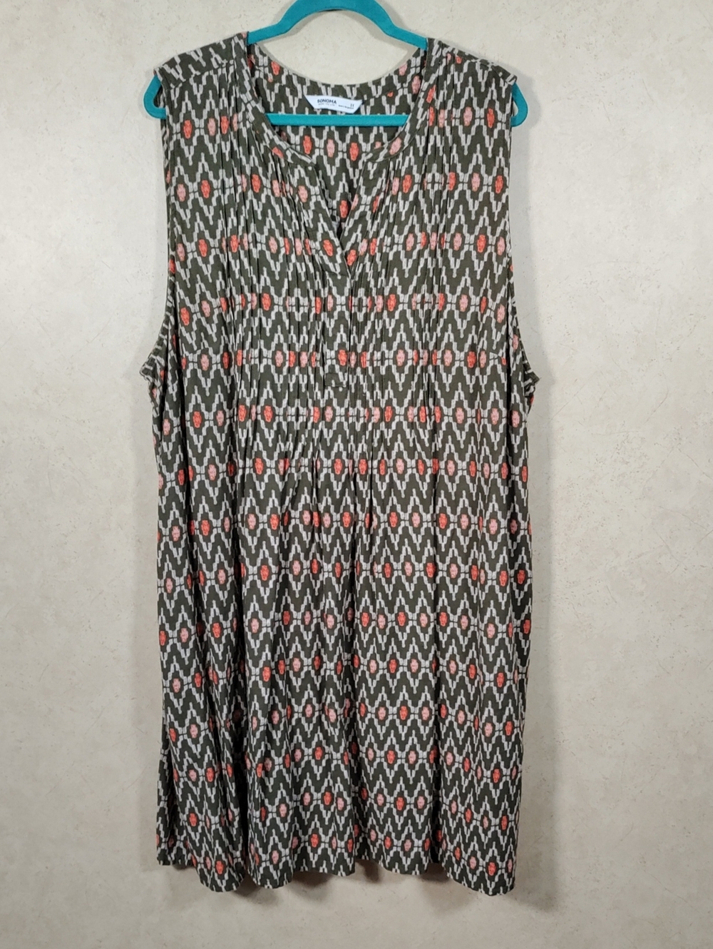 H138 Sonoma Olive and Coral Linen Blend Sleeveless  Dress 3X